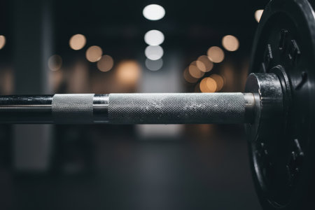Close up of a barbell in a gym with blurred background lights.の素材