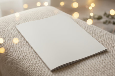 Blank white magazine on a cozy knitted throw with bokeh lights.の素材