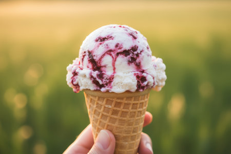 Hand holding berry swirled ice cream cone against a blurred golden hour background.の素材