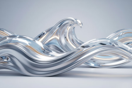 Abstract shiny metallic waves on a light background.の素材