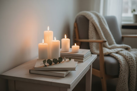 Lit candles and books create a cozy atmosphere in a living room.の素材