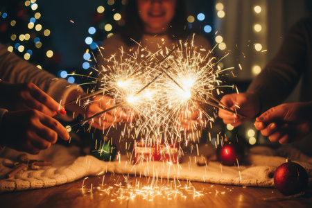 People celebrating with sparklers during the holidays.の素材