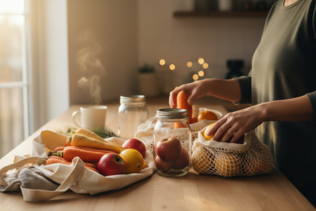 Woman organizing fresh produce in kitchen for healthy lifestyle and sustainability.の素材