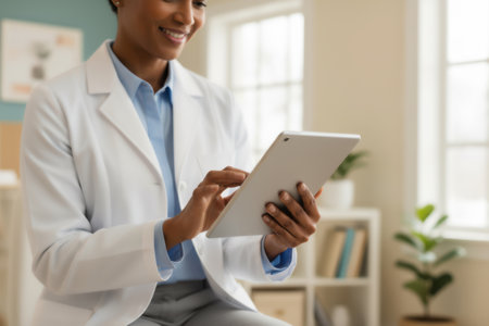 Smiling female medical professional using a digital tablet.の素材