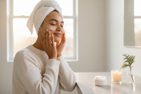 Young woman with a towel on her head applying face cream on her cheek in a bright room.の素材