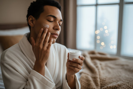 Young man applying face cream in a cozy room.の素材
