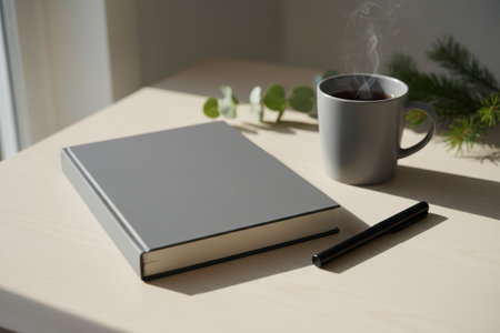 Steaming coffee mug next to a gray book and pen on a wooden table.の素材