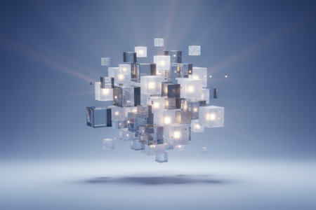 Abstract cluster of glowing and reflective cubes in a digital space.の素材