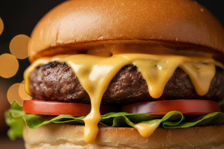 Cheeseburger with melted cheese and bokeh background.の素材