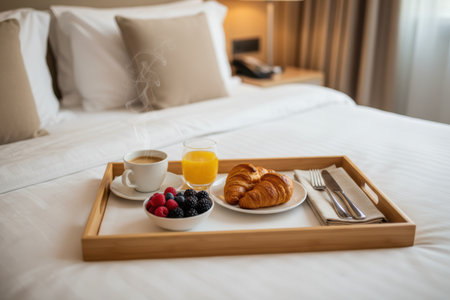 Delicious hotel breakfast on a wooden tray with coffee and fresh berries.の素材