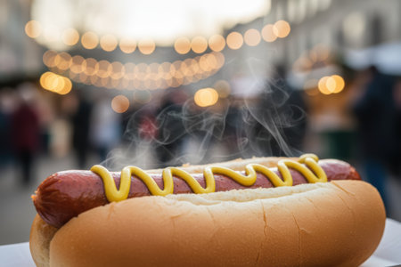 Steaming hot dog with mustard in a bun at an outdoor event.の素材