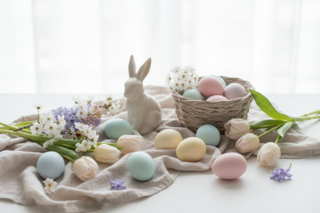 Pastel easter eggs with a ceramic bunny and spring flowers on a table.の素材
