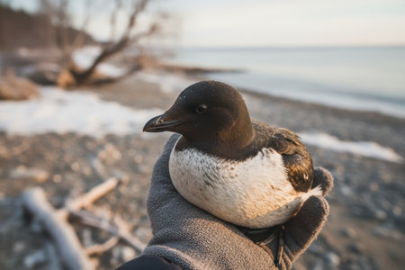 A common murre bird held in a gloved hand on a winter beach.の素材