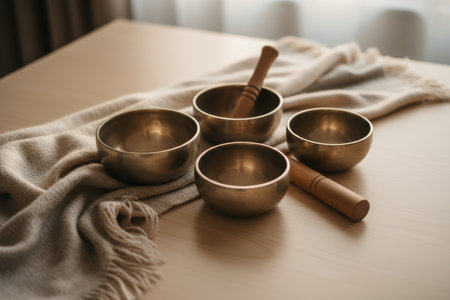 Singing bowls and mallets on a fabric on a wooden table.の素材