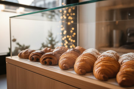 Freshly baked croissants and chocolate pastries in a glass display case.の素材
