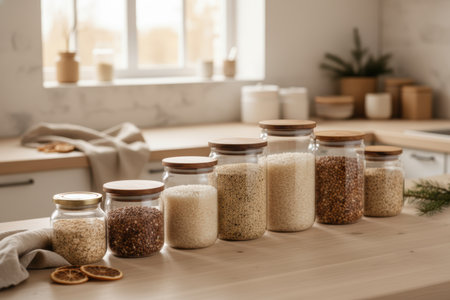 Assortment of grains and cereals in glass jars on a kitchen counter.の素材