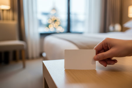 Hand holding blank card on table in hotel room during Christmas.の素材