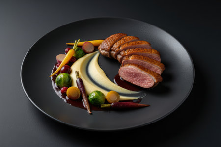 Gourmet duck breast with vegetables and sauce on a black plate.の素材