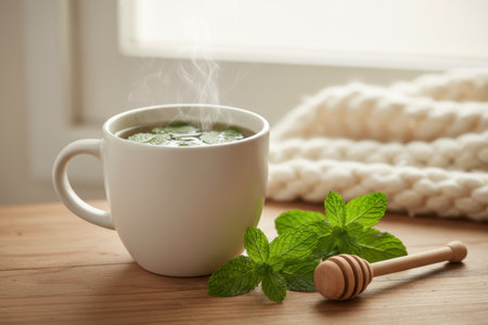 Steaming mint tea with fresh mint leaves and honey dipper on a wooden table.の素材