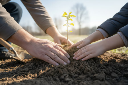 Hands of an adult and child planting a small tree in soil.の素材