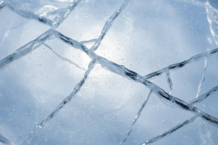 Cracked ice surface with water droplets and light reflections.の素材