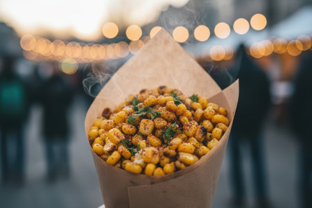 Steaming roasted corn in a paper cone at an outdoor market.の素材