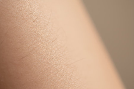 Close up of human skin with fine body hair and visible texture.の素材