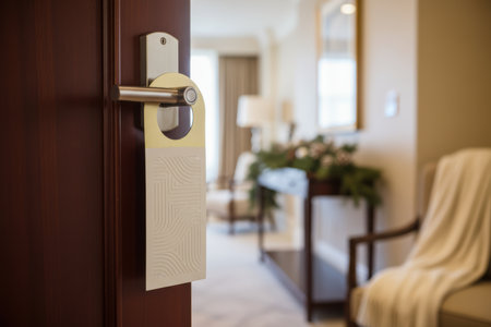 Open hotel room door with do not disturb sign.の素材