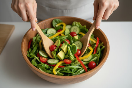 Hands mixing a fresh green salad in a wooden bowl.の素材