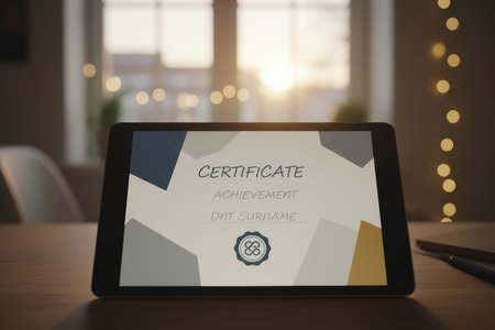 Digital certificate displayed on a tablet screen on a wooden desk.の素材