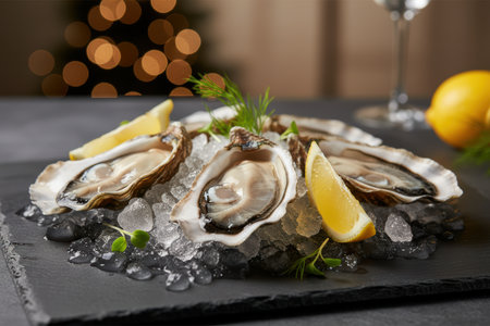 Fresh oysters on ice with lemon and herbs.の素材
