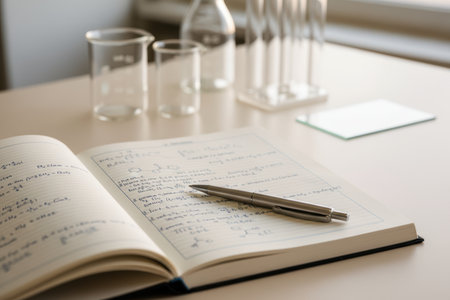 Science notebook and lab equipment on a white desk.の素材