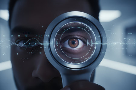Close-up of an eye being scanned by a futuristic device.の素材
