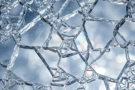 Abstract pattern of shattered glass with light reflections and bokeh.の素材