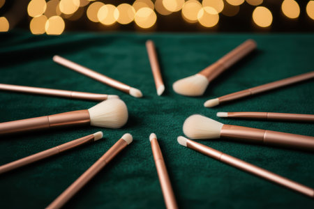 Makeup brushes on a dark green velvet background with golden bokeh lights.の素材