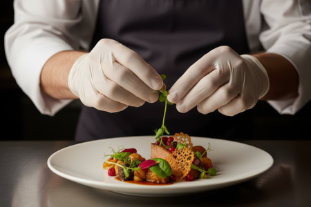 Chef garnishing a gourmet dish with microgreens.の素材