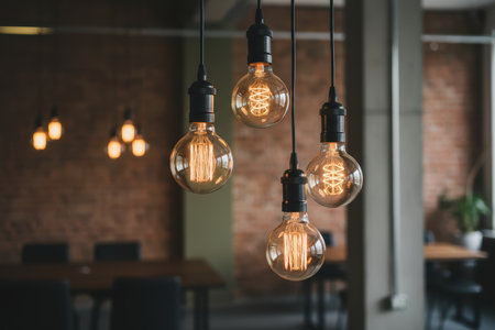 Edison style light bulbs hanging in a modern industrial interior.の素材