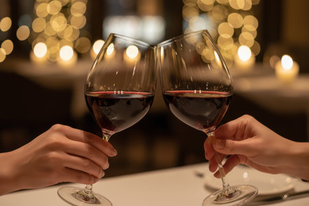 Two people clinking red wine glasses in a restaurant.の素材