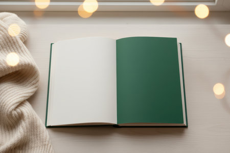 Blank open book with a cozy sweater and bokeh lights.の素材