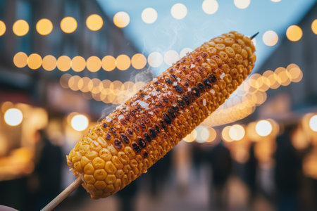 Grilled corn on the cob with seasoning and bokeh lights in the background.の素材