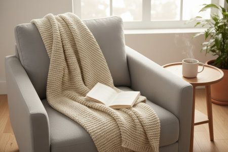 Cozy armchair with a blanket and book next to a window.の素材