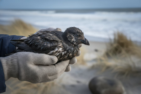 Gloved hands holding a wet, distressed seabird on a sandy beach.の素材