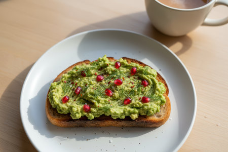 Avocado toast with pomegranate and dill on a white plate.の素材