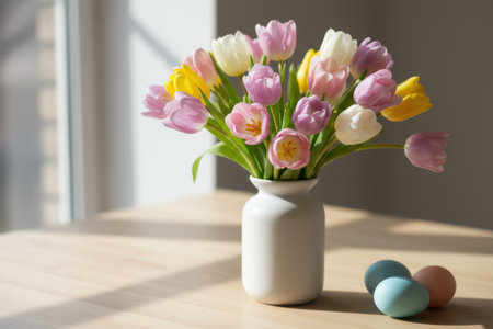 Colorful tulips in a white vase with easter eggs on a wooden table.の素材