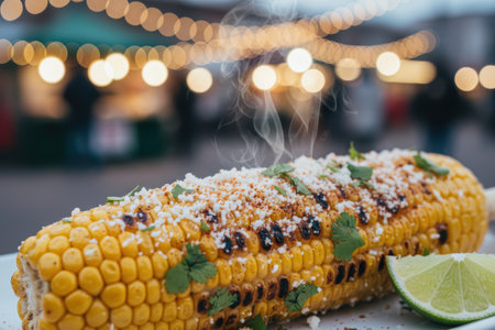 Hot grilled street corn with cheese and lime at a night market.の素材