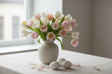 Vase of white and pink tulips with eggs on a table.の素材