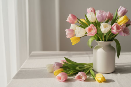 A bouquet of colorful tulips in a vase on a table with natural light.の素材