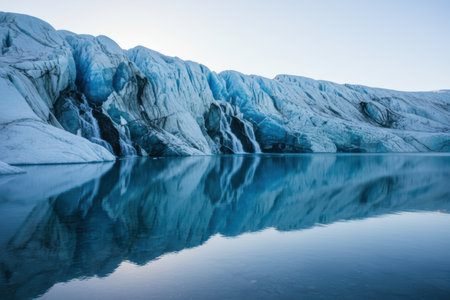 Melting glacier with waterfalls reflected in water.の素材