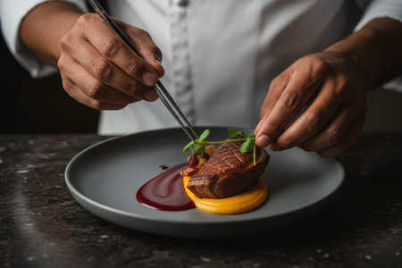 Chef hands garnishing a gourmet dish with fresh herbs.の素材