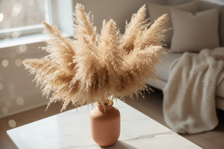 Vase with pampas grass on a marble table in a sunny home interior.の素材